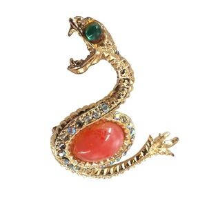 Vintage Snake Brooch Gold Tone Cabochon AB Rhinestone Serpent Pin 3"